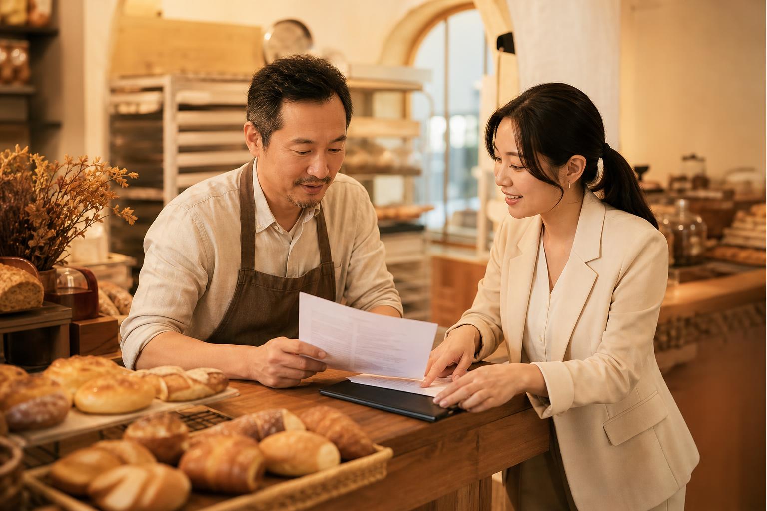 財務顧問與麵包店老闆討論規劃