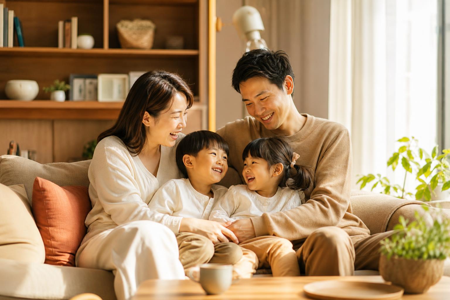 一家四口在溫暖的客廳相聚