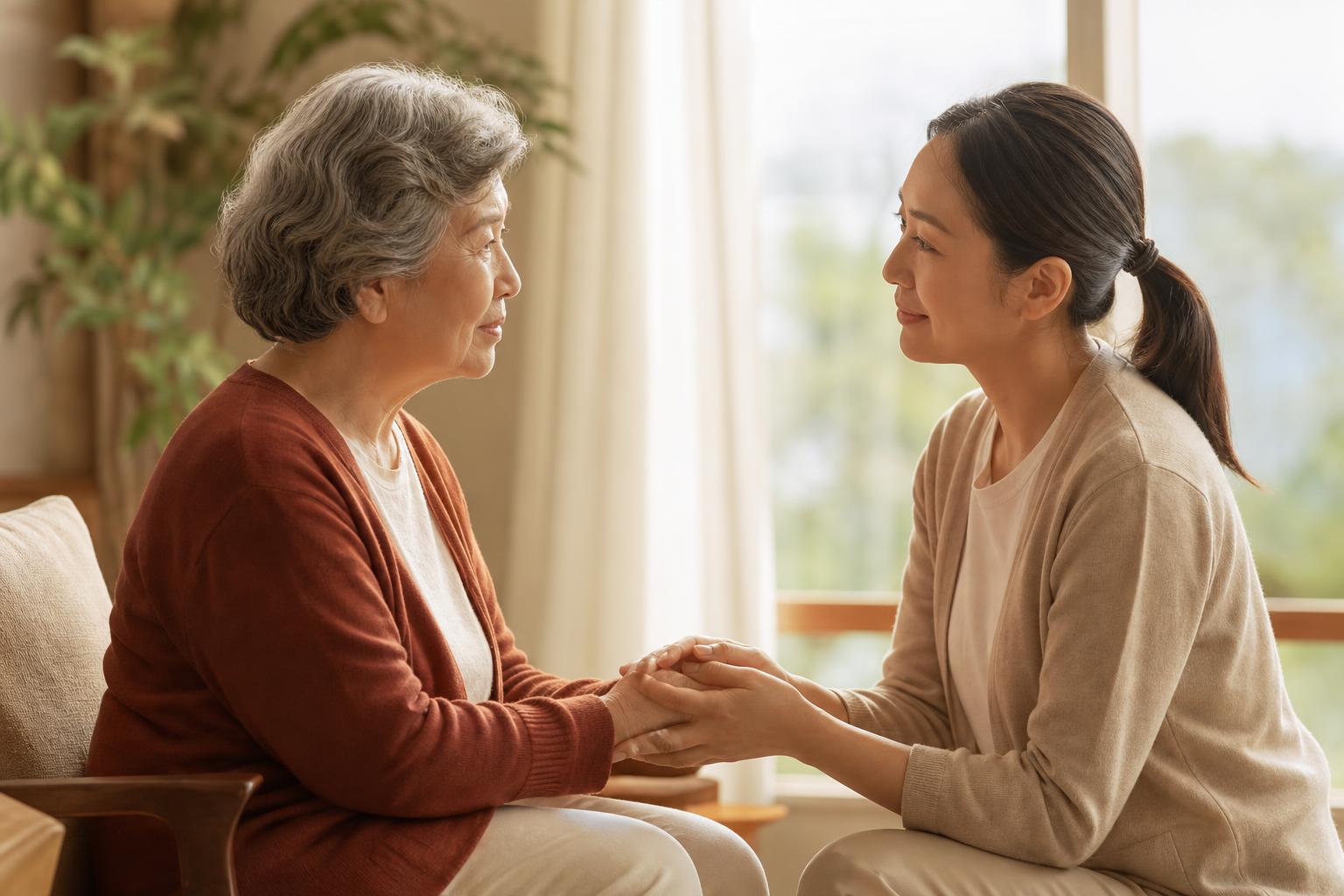 女兒握著年邁母親的手給予關懷