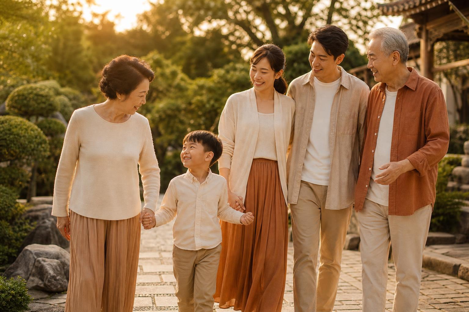 三代同堂在公園散步