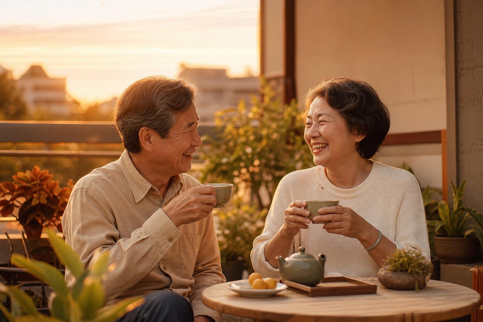退休夫妻在陽台悠閒喝茶